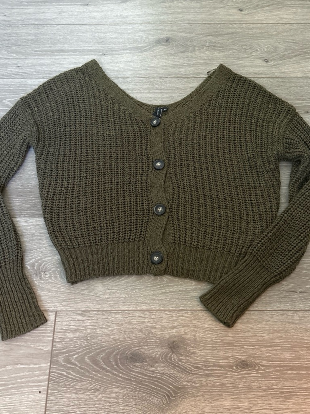 Cropped Olive V-Neck Button-Front Sweater